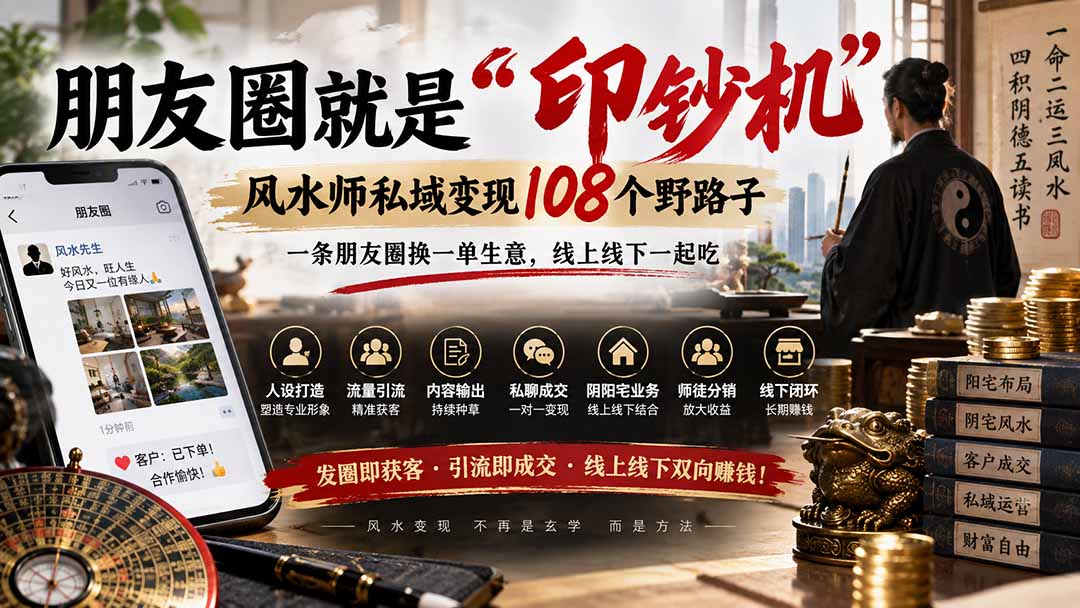 （20464期）朋友圈就是“印钞机”，风水师私域变现108个野路子，一条朋友圈换一单生意，线上线下一起吃【文档】瀚萌资源网-网赚网-网赚项目网-虚拟资源网-国学资源网-易学资源网-本站有全网最新网赚项目-易学课程资源-中医课程资源的在线下载网站！瀚萌资源网