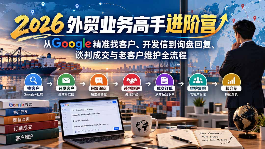 （20690期）2026外贸业务高手进阶营：从Google精准找客户、开发信到询盘回复、谈判成交与老客户维护全流程瀚萌资源网-网赚网-网赚项目网-虚拟资源网-国学资源网-易学资源网-本站有全网最新网赚项目-易学课程资源-中医课程资源的在线下载网站！瀚萌资源网