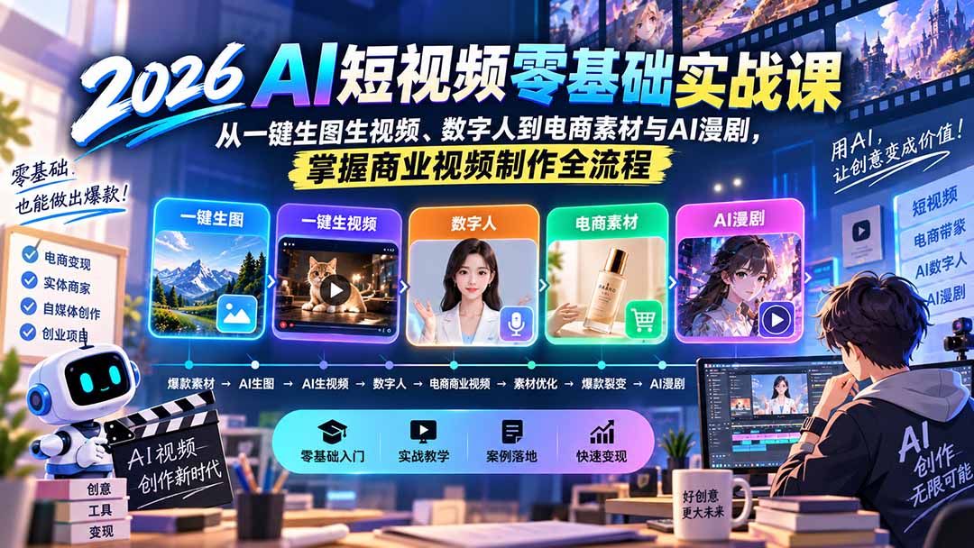 （20263期）2026AI短视频零基础实战课：从一键生图生视频、数字人到电商素材与AI漫剧，掌握商业视频制作全流程瀚萌资源网-网赚网-网赚项目网-虚拟资源网-国学资源网-易学资源网-本站有全网最新网赚项目-易学课程资源-中医课程资源的在线下载网站！瀚萌资源网