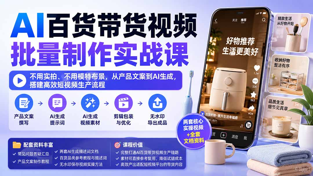 （20179期）AI百货带货视频批量制作实战课：不用实拍、不用模特布景，从产品文案到AI生成，搭建高效短视频生产流程瀚萌资源网-网赚网-网赚项目网-虚拟资源网-国学资源网-易学资源网-本站有全网最新网赚项目-易学课程资源-中医课程资源的在线下载网站！瀚萌资源网