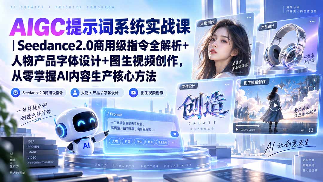 （20559期）AIGC提示词系统实战课-无水印｜Seedance2.0商用级指令全解析+人物产品字体设计+图生视频创作，掌握AI内容生产方法瀚萌资源网-网赚网-网赚项目网-虚拟资源网-国学资源网-易学资源网-本站有全网最新网赚项目-易学课程资源-中医课程资源的在线下载网站！瀚萌资源网