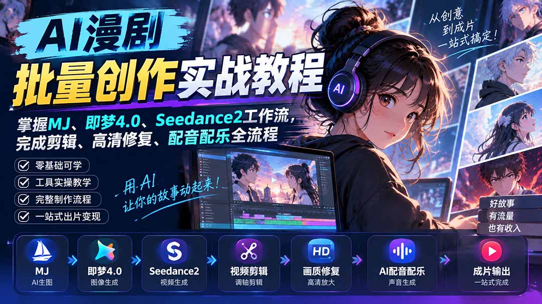 （20488期）AI漫剧批量创作实战教程：掌握MJ、即梦4.0、Seedance2工作流，完成剪辑、高清修复、配音配乐全流程瀚萌资源网-网赚网-网赚项目网-虚拟资源网-国学资源网-易学资源网-本站有全网最新网赚项目-易学课程资源-中医课程资源的在线下载网站！瀚萌资源网