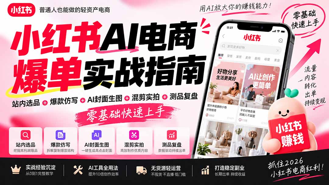 （20516期）2026小红书AI电商爆单实战指南：站内选品+爆款仿写+AI封面生图+混剪实拍+测品复盘，零基础快速上手瀚萌资源网-网赚网-网赚项目网-虚拟资源网-国学资源网-易学资源网-本站有全网最新网赚项目-易学课程资源-中医课程资源的在线下载网站！瀚萌资源网