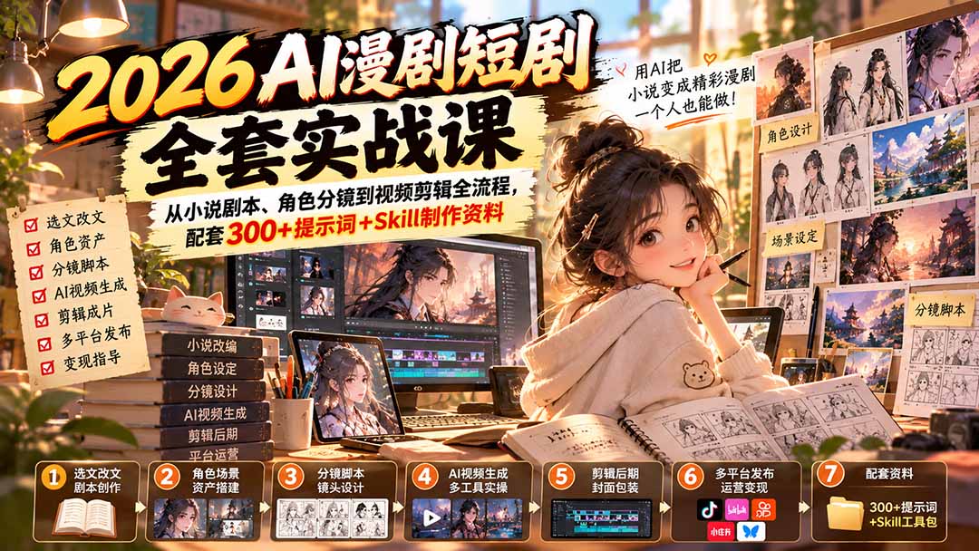 （20629期）2026AI漫剧短剧全套实战课：从小说剧本、角色分镜到视频剪辑全流程，配套300+提示词+Skill制作资料瀚萌资源网-网赚网-网赚项目网-虚拟资源网-国学资源网-易学资源网-本站有全网最新网赚项目-易学课程资源-中医课程资源的在线下载网站！瀚萌资源网