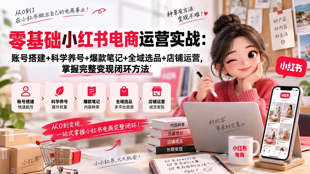 （20467期）零基础小红书电商运营实战：账号搭建+科学养号+爆款笔记+全域选品+店铺运营，掌握完整变现闭环方法瀚萌资源网-网赚网-网赚项目网-虚拟资源网-国学资源网-易学资源网-本站有全网最新网赚项目-易学课程资源-中医课程资源的在线下载网站！瀚萌资源网