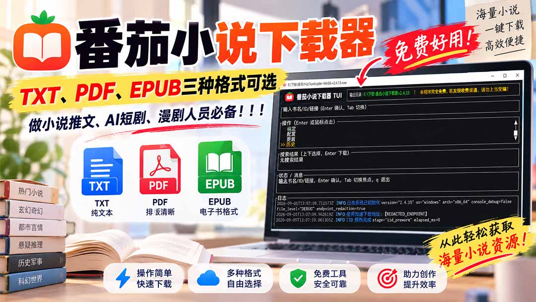 （20529期）番茄小说下载器，TXT、PDF、EPUB三种格式可选，做小说推文、AI短剧、漫剧人员必备！瀚萌资源网-网赚网-网赚项目网-虚拟资源网-国学资源网-易学资源网-本站有全网最新网赚项目-易学课程资源-中医课程资源的在线下载网站！瀚萌资源网