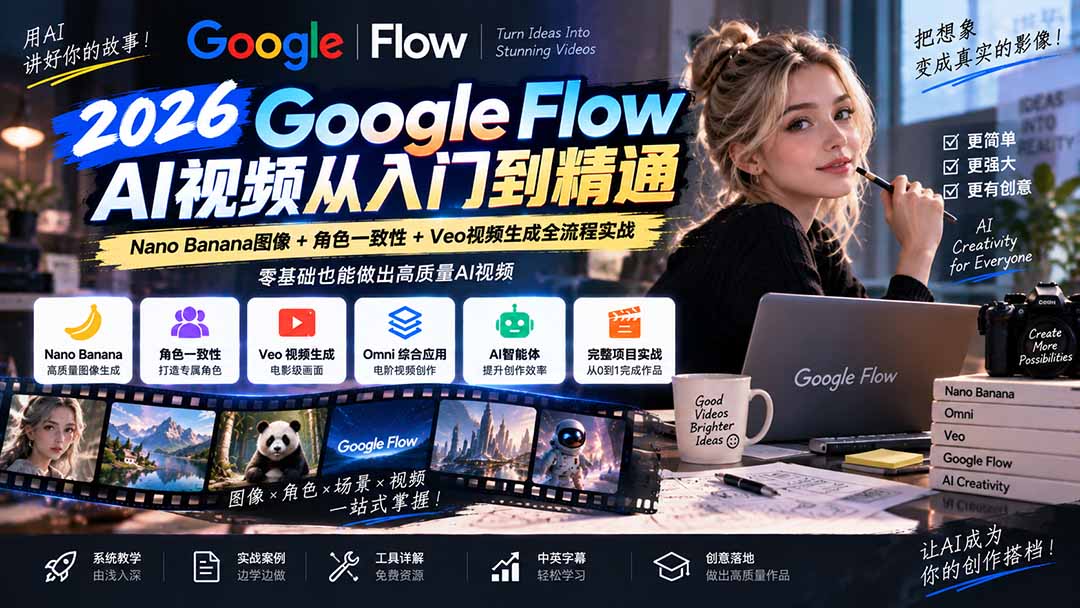 （20608期）【无水印】Google Flow AI视频从入门到精通：Nano Banana图像+角色一致性+Veo视频生成全流程实战-精翻中英字幕瀚萌资源网-网赚网-网赚项目网-虚拟资源网-国学资源网-易学资源网-本站有全网最新网赚项目-易学课程资源-中医课程资源的在线下载网站！瀚萌资源网