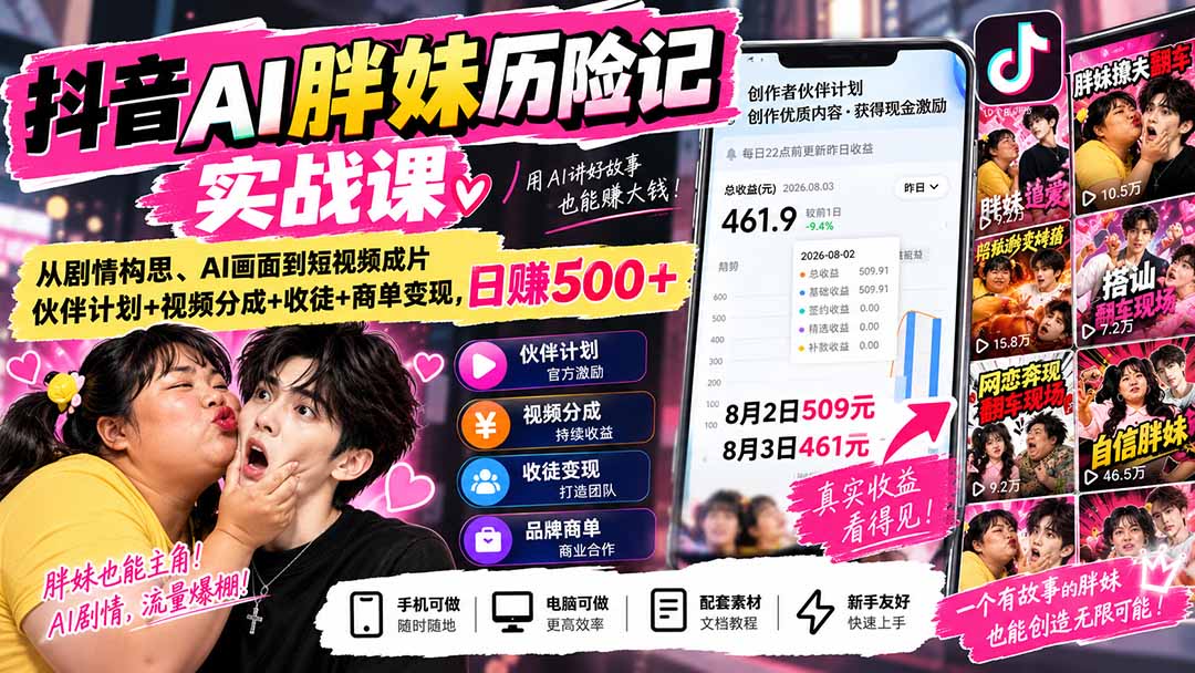 （20489期）抖音AI胖妹历险记实战课：从剧情构思、AI画面到短视频成片，伙伴计划+视频分成+收徒+商单变现，日赚500+瀚萌资源网-网赚网-网赚项目网-虚拟资源网-国学资源网-易学资源网-本站有全网最新网赚项目-易学课程资源-中医课程资源的在线下载网站！瀚萌资源网