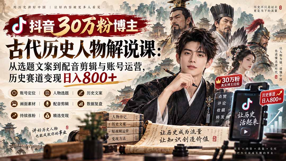 （20441期）抖音30万粉博主古代历史人物解说课：从选题文案到配音剪辑与账号运营，历史赛道变现日入800+瀚萌资源网-网赚网-网赚项目网-虚拟资源网-国学资源网-易学资源网-本站有全网最新网赚项目-易学课程资源-中医课程资源的在线下载网站！瀚萌资源网