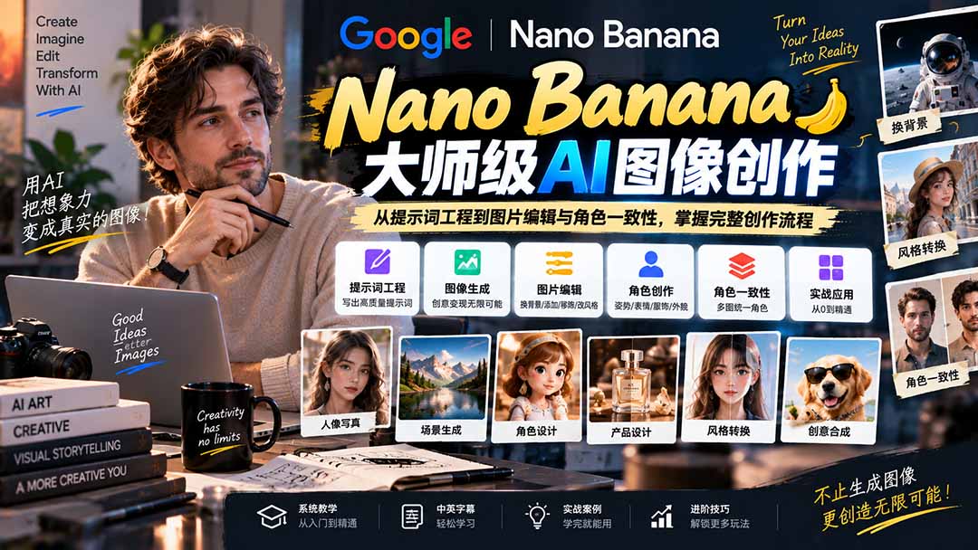 （20609期）【无水印】Nano Banana大师级AI图像实战课：从提示词工程到图片编辑与角色一致性，掌握完整创作流程瀚萌资源网-网赚网-网赚项目网-虚拟资源网-国学资源网-易学资源网-本站有全网最新网赚项目-易学课程资源-中医课程资源的在线下载网站！瀚萌资源网
