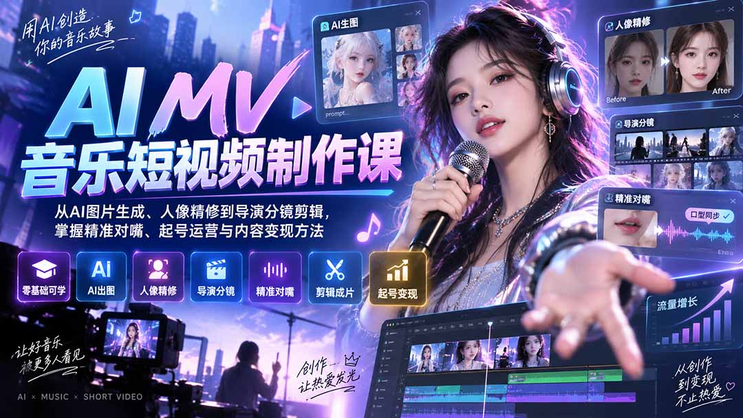 （20364期）AI MV音乐短视频制作课：从AI图片生成、人像精修到导演分镜剪辑，掌握精准对嘴、起号运营与内容变现方法瀚萌资源网-网赚网-网赚项目网-虚拟资源网-国学资源网-易学资源网-本站有全网最新网赚项目-易学课程资源-中医课程资源的在线下载网站！瀚萌资源网