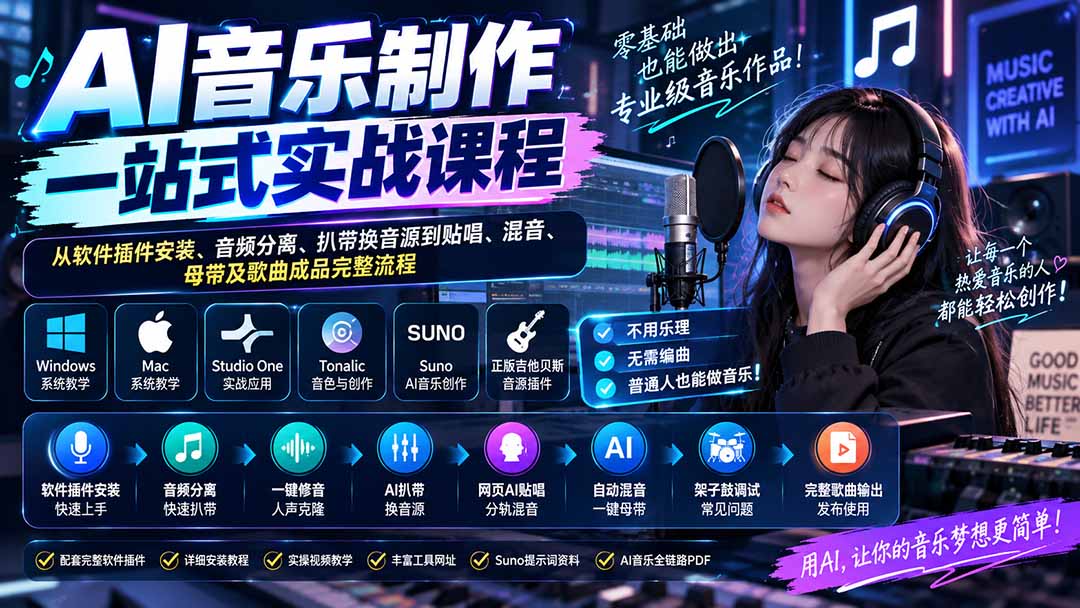 （20490期）AI音乐制作一站式实战课程：从软件插件安装、音频分离、扒带换音源到贴唱、混音、母带及歌曲成品完整流程瀚萌资源网-网赚网-网赚项目网-虚拟资源网-国学资源网-易学资源网-本站有全网最新网赚项目-易学课程资源-中医课程资源的在线下载网站！瀚萌资源网