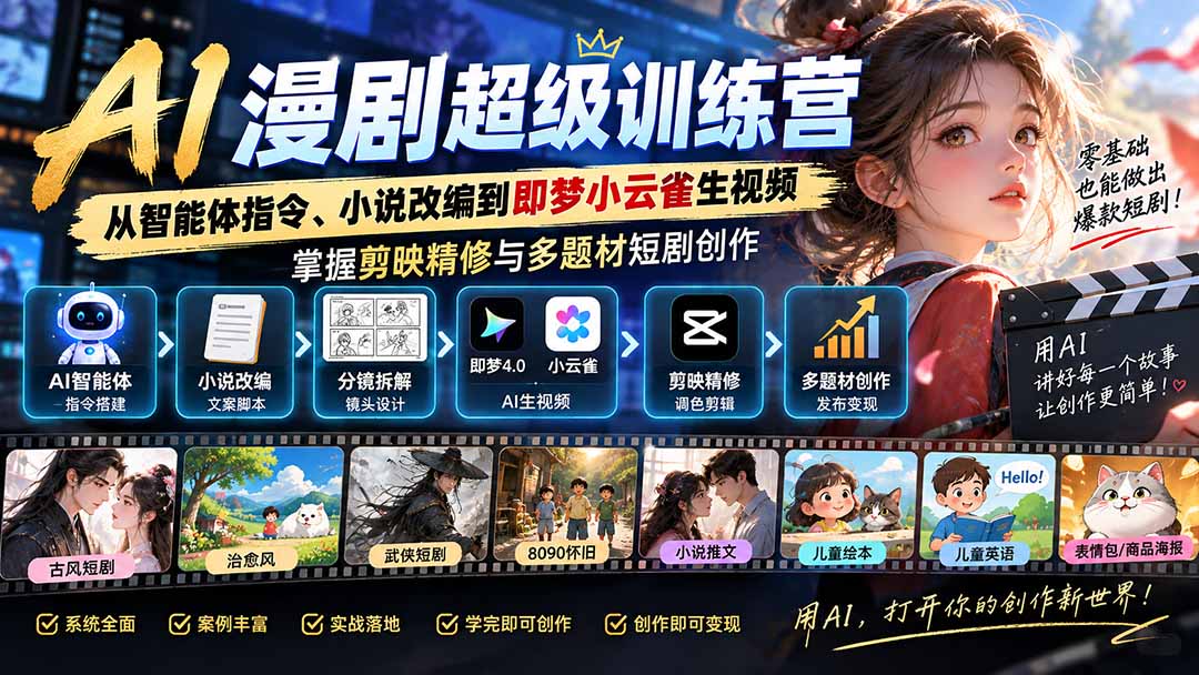 （20491期）AI漫剧超级特训营：从智能体指令、小说改编到即梦小云雀生视频，掌握剪映精修与多题材短剧创作瀚萌资源网-网赚网-网赚项目网-虚拟资源网-国学资源网-易学资源网-本站有全网最新网赚项目-易学课程资源-中医课程资源的在线下载网站！瀚萌资源网