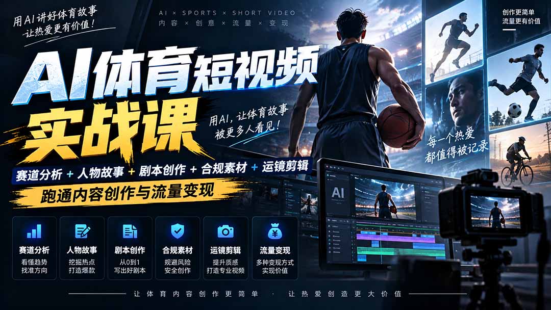 （20515期）AI体育短视频赛道顶级玩法｜赛道分析+人物故事+剧本创作+版权处理+运镜剪辑，跑通流量变现-日赚1K+瀚萌资源网-网赚网-网赚项目网-虚拟资源网-国学资源网-易学资源网-本站有全网最新网赚项目-易学课程资源-中医课程资源的在线下载网站！瀚萌资源网