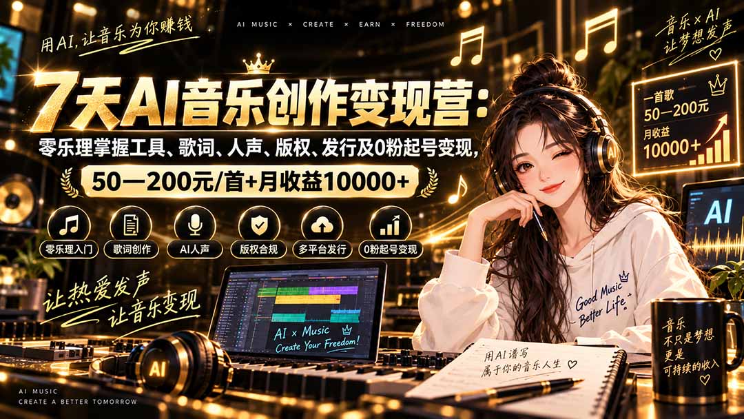 （20442期）AI音乐创作变现营：零乐理掌握工具、歌词、人声、版权、发行及0粉起号变现，50—200元/首+月收益10000+瀚萌资源网-网赚网-网赚项目网-虚拟资源网-国学资源网-易学资源网-本站有全网最新网赚项目-易学课程资源-中医课程资源的在线下载网站！瀚萌资源网