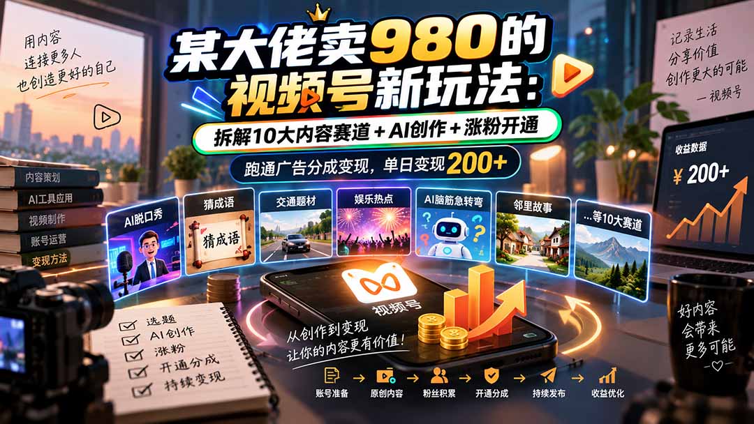 （20573期）某大佬卖980的视频号新玩法：拆解10大内容赛道+AI创作+涨粉开通，跑通广告分成变现，单日变现200+瀚萌资源网-网赚网-网赚项目网-虚拟资源网-国学资源网-易学资源网-本站有全网最新网赚项目-易学课程资源-中医课程资源的在线下载网站！瀚萌资源网