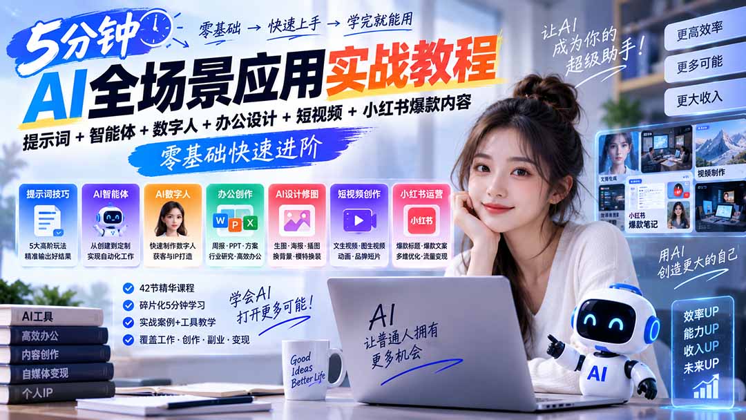（20493期）AI全场景应用实战教程｜提示词+智能体+数字人+办公设计+短视频+小红书爆款内容，零基础快速进阶瀚萌资源网-网赚网-网赚项目网-虚拟资源网-国学资源网-易学资源网-本站有全网最新网赚项目-易学课程资源-中医课程资源的在线下载网站！瀚萌资源网