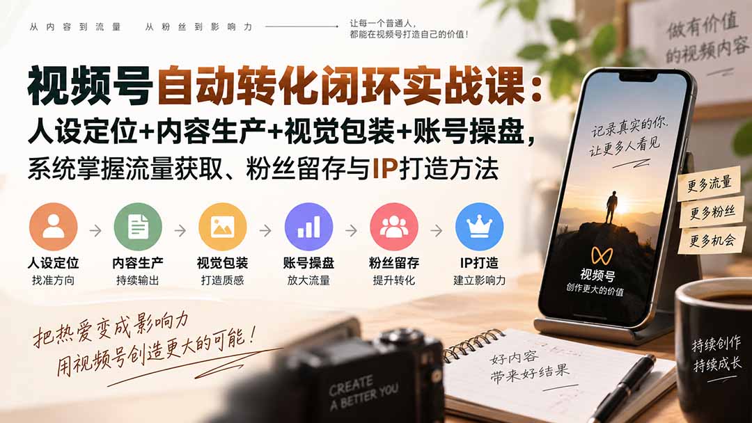 （20327期）视频号自动转化闭环实战课：人设定位+内容生产+视觉包装+账号操盘，系统掌握流量获取、粉丝留存与IP打造方法瀚萌资源网-网赚网-网赚项目网-虚拟资源网-国学资源网-易学资源网-本站有全网最新网赚项目-易学课程资源-中医课程资源的在线下载网站！瀚萌资源网