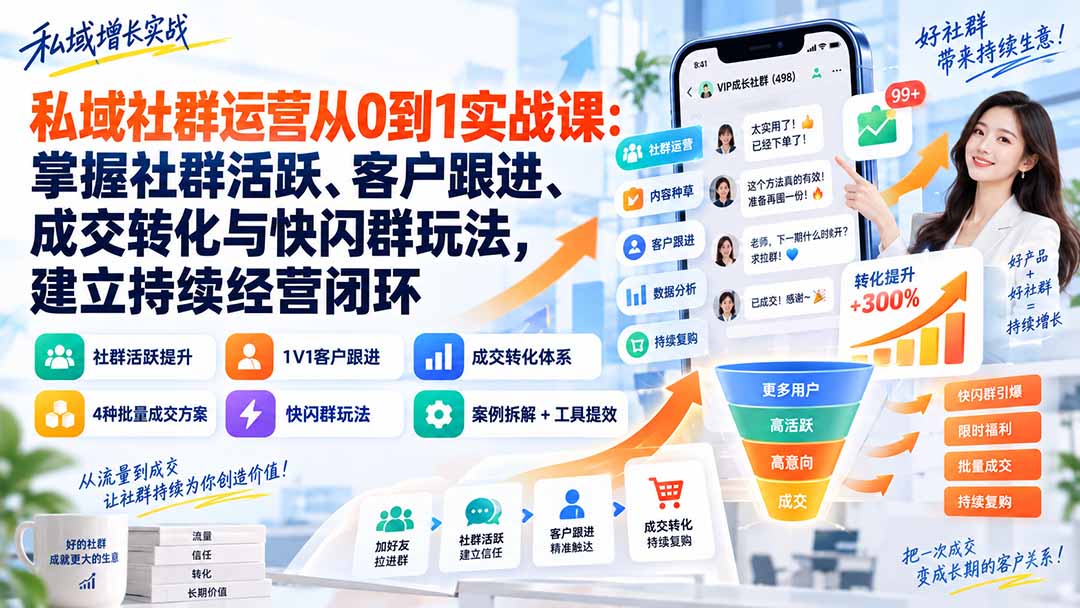 （20428期）私域社群运营从0到1实战课：掌握社群活跃、客户跟进、成交转化与快闪群玩法，建立持续经营闭环瀚萌资源网-网赚网-网赚项目网-虚拟资源网-国学资源网-易学资源网-本站有全网最新网赚项目-易学课程资源-中医课程资源的在线下载网站！瀚萌资源网