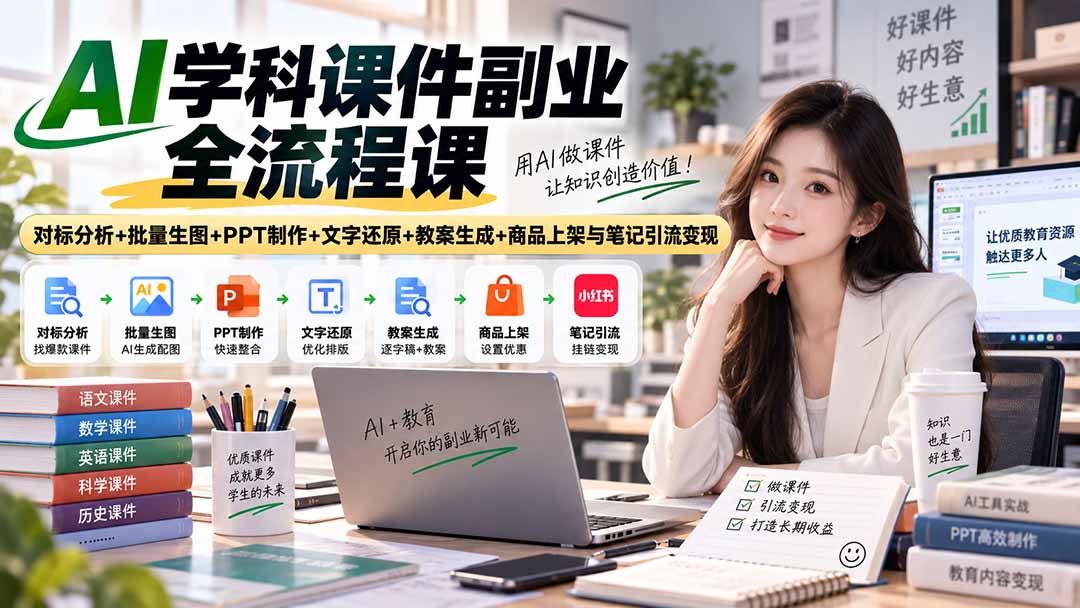 （20469期）AI学科课件副业全流程课｜对标分析+批量生图+PPT制作+文字还原+教案生成+商品上架与笔记引流变现瀚萌资源网-网赚网-网赚项目网-虚拟资源网-国学资源网-易学资源网-本站有全网最新网赚项目-易学课程资源-中医课程资源的在线下载网站！瀚萌资源网