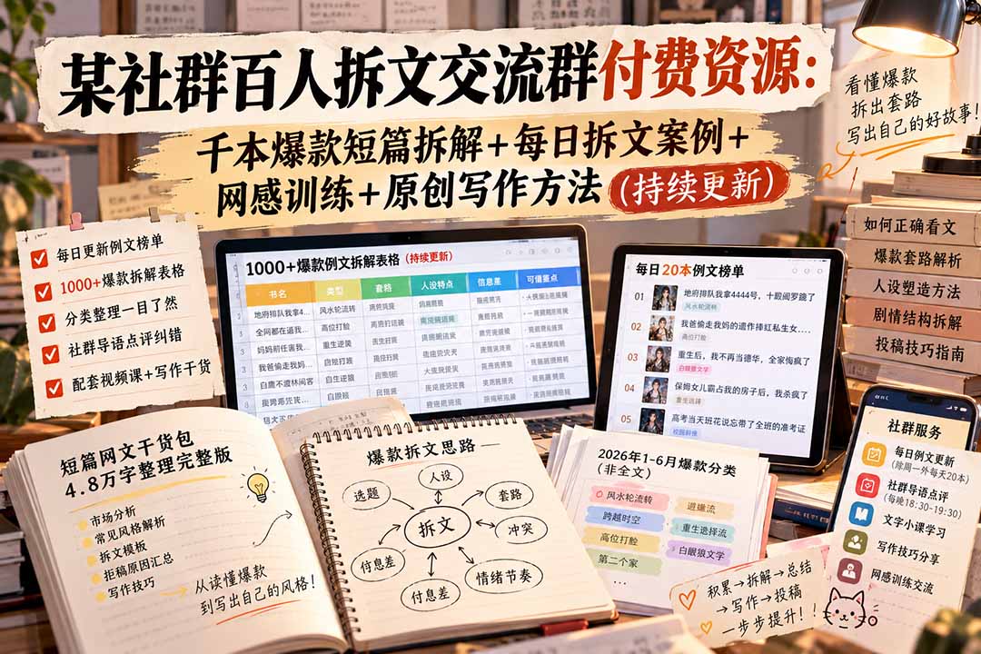 （20635期）某社群百人拆文交流群付费资源：千本爆款短篇拆解+每日拆文案例+网感训练+原创写作方法 (持续更新)瀚萌资源网-网赚网-网赚项目网-虚拟资源网-国学资源网-易学资源网-本站有全网最新网赚项目-易学课程资源-中医课程资源的在线下载网站！瀚萌资源网