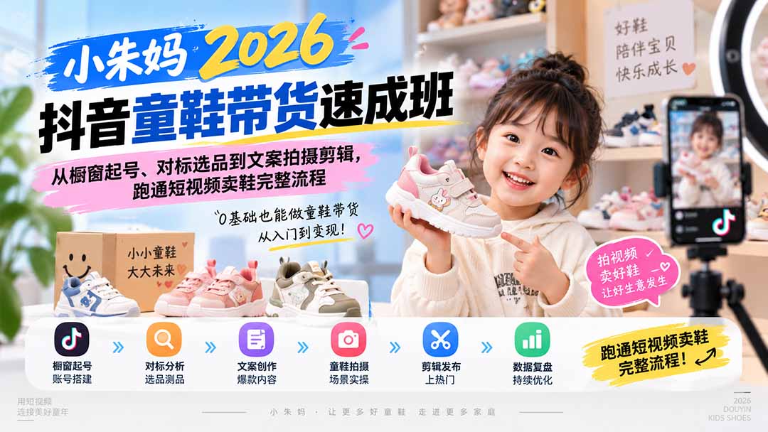 （20267期）小朱妈2026抖音童鞋带货速成班：从橱窗起号、对标选品到文案拍摄剪辑，跑通短视频卖鞋完整流程瀚萌资源网-网赚网-网赚项目网-虚拟资源网-国学资源网-易学资源网-本站有全网最新网赚项目-易学课程资源-中医课程资源的在线下载网站！瀚萌资源网