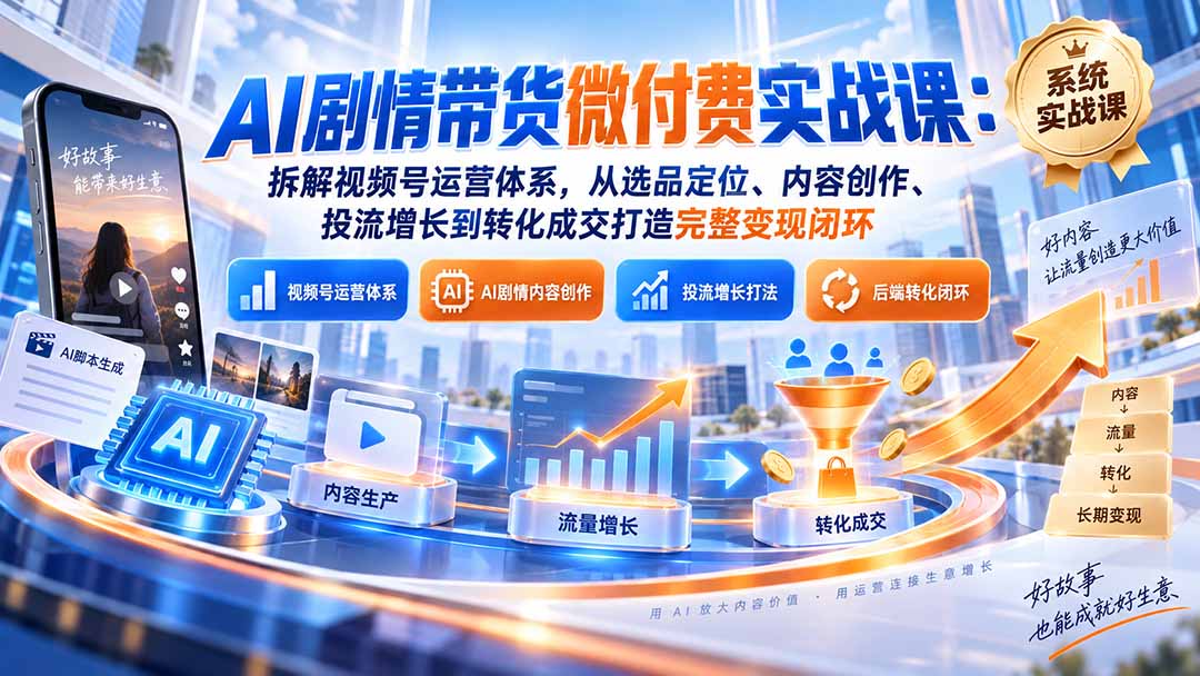 （20611期）AI剧情带货微付费实战课：拆解视频号运营体系，从选品定位、内容创作、投流增长到转化成交打造完整变现闭环瀚萌资源网-网赚网-网赚项目网-虚拟资源网-国学资源网-易学资源网-本站有全网最新网赚项目-易学课程资源-中医课程资源的在线下载网站！瀚萌资源网