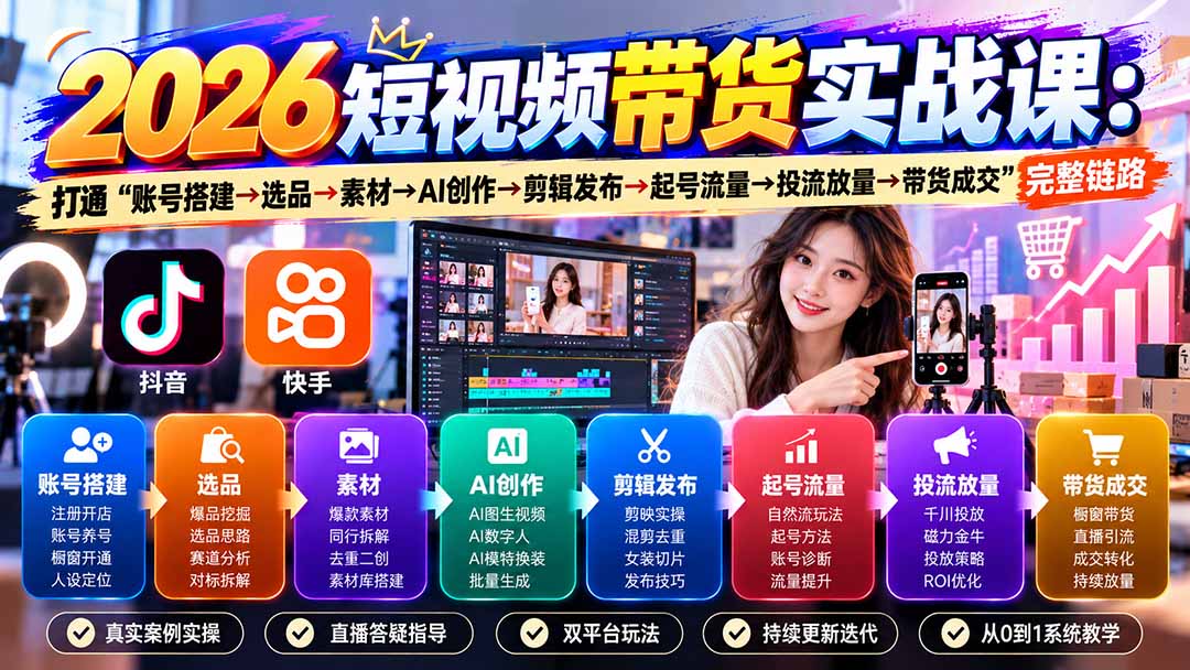 （20731期）2026短视频带货实战课9月：打通“账号搭建→选品→素材→AI创作→剪辑发布→起号流量→投流放量→带货成交”完整链路瀚萌资源网-网赚网-网赚项目网-虚拟资源网-国学资源网-易学资源网-本站有全网最新网赚项目-易学课程资源-中医课程资源的在线下载网站！瀚萌资源网