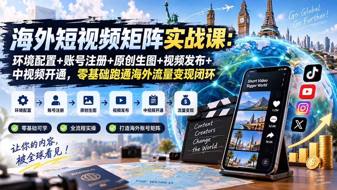 （20470期）海外短视频矩阵实战课：环境配置+账号注册+原创生图+视频发布+中视频开通，零基础跑通海外流量变现闭环瀚萌资源网-网赚网-网赚项目网-虚拟资源网-国学资源网-易学资源网-本站有全网最新网赚项目-易学课程资源-中医课程资源的在线下载网站！瀚萌资源网
