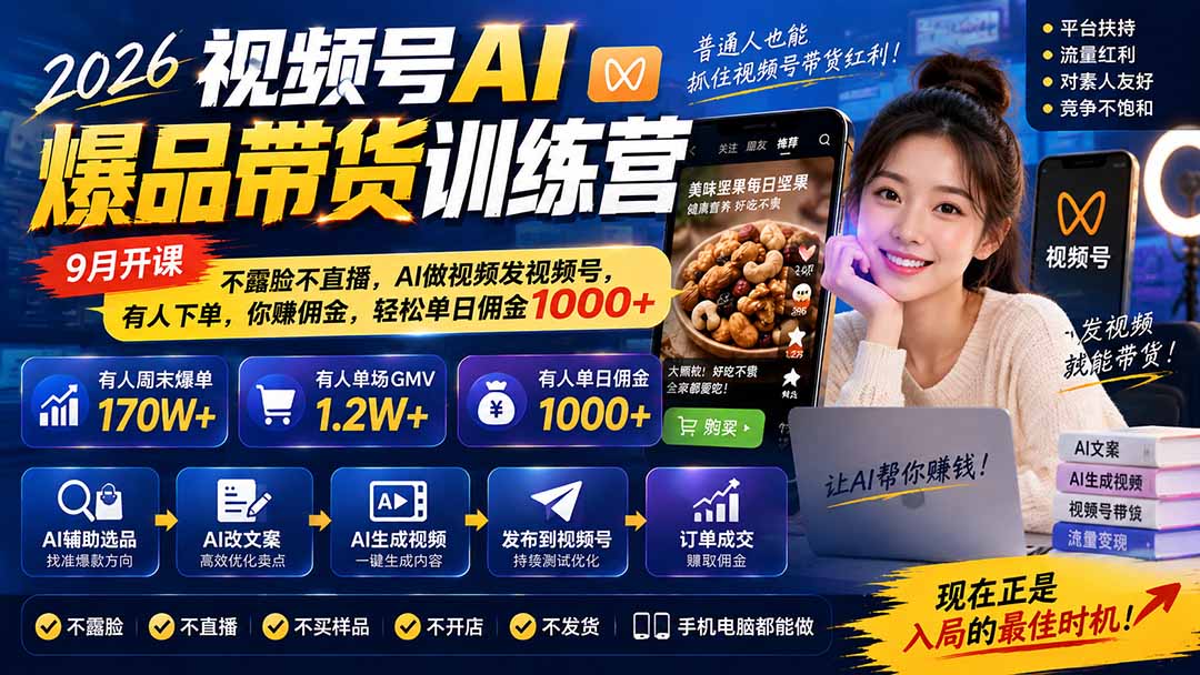 （20537期）2026视频号AI爆品带货训练营-9月开课｜不露脸不直播，AI做视频发视频号，有人下单，你赚佣金，轻松单日佣金1000+瀚萌资源网-网赚网-网赚项目网-虚拟资源网-国学资源网-易学资源网-本站有全网最新网赚项目-易学课程资源-中医课程资源的在线下载网站！瀚萌资源网
