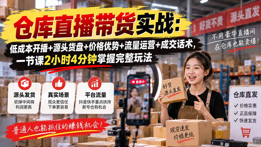 （20471期）仓库直播带货实战：低成本开播+源头货盘+价格优势+流量运营+成交话术，一节课2小时4分钟掌握完整玩法瀚萌资源网-网赚网-网赚项目网-虚拟资源网-国学资源网-易学资源网-本站有全网最新网赚项目-易学课程资源-中医课程资源的在线下载网站！瀚萌资源网