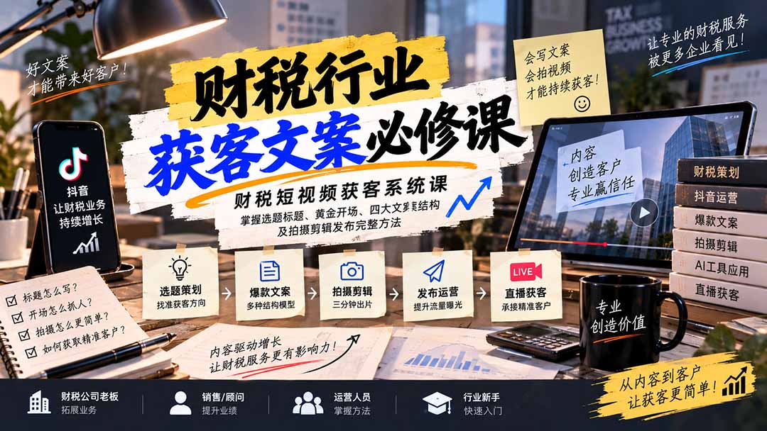 （20591期）财税短视频获客系统课：掌握选题标题、黄金开场、四大文案结构及拍摄剪辑发布完整方法瀚萌资源网-网赚网-网赚项目网-虚拟资源网-国学资源网-易学资源网-本站有全网最新网赚项目-易学课程资源-中医课程资源的在线下载网站！瀚萌资源网
