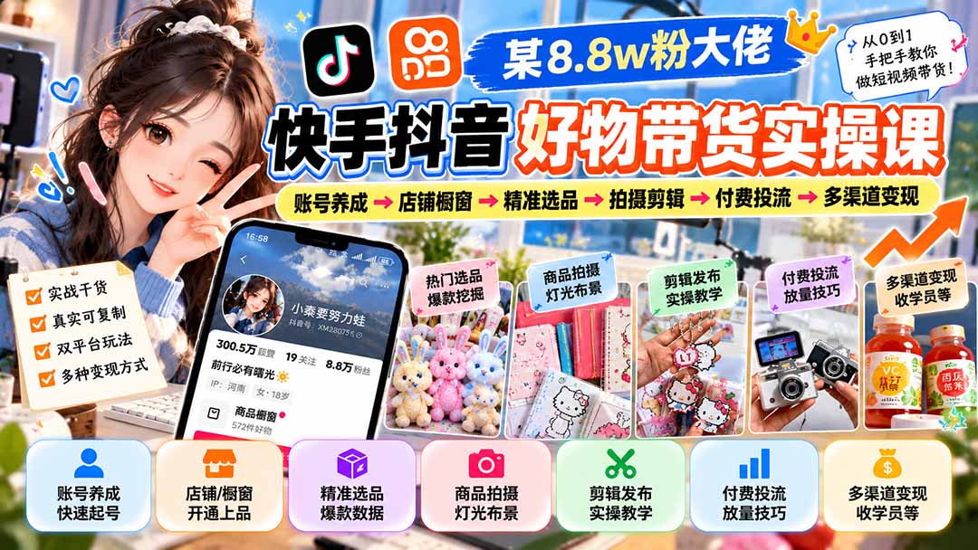 （20733期）某8.8w粉大佬快手抖音好物带货实操课：账号养成→店铺橱窗→精准选品→拍摄剪辑→付费投流→多渠道变现瀚萌资源网-网赚网-网赚项目网-虚拟资源网-国学资源网-易学资源网-本站有全网最新网赚项目-易学课程资源-中医课程资源的在线下载网站！瀚萌资源网