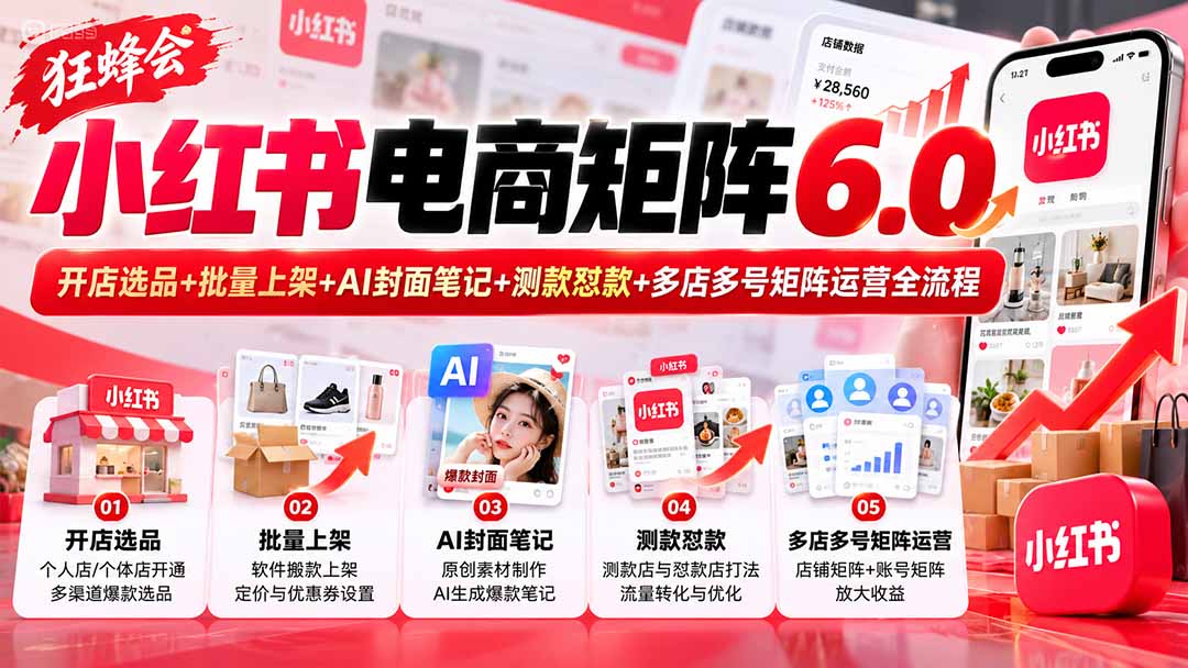 （20732期）【无水印】狂蜂会小红书电商矩阵6.0：开店选品+批量上架+AI封面笔记+测款怼款+多店多号矩阵运营全流程瀚萌资源网-网赚网-网赚项目网-虚拟资源网-国学资源网-易学资源网-本站有全网最新网赚项目-易学课程资源-中医课程资源的在线下载网站！瀚萌资源网
