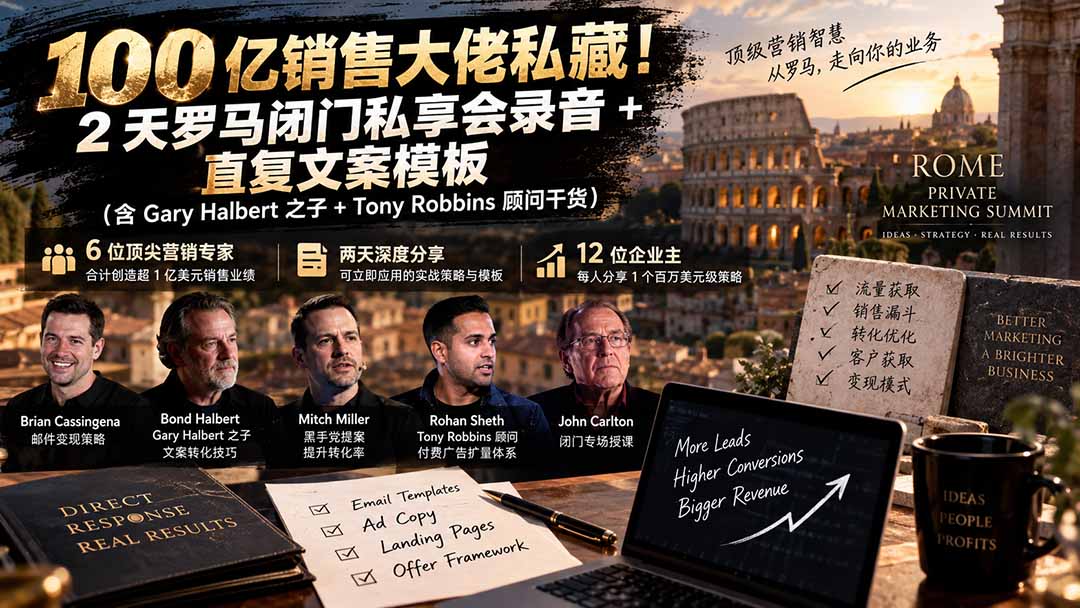 （20593期）100亿销售大佬私藏-无水印！2天罗马闭门私享会录音+直复文案模板【原创双语字幕】瀚萌资源网-网赚网-网赚项目网-虚拟资源网-国学资源网-易学资源网-本站有全网最新网赚项目-易学课程资源-中医课程资源的在线下载网站！瀚萌资源网