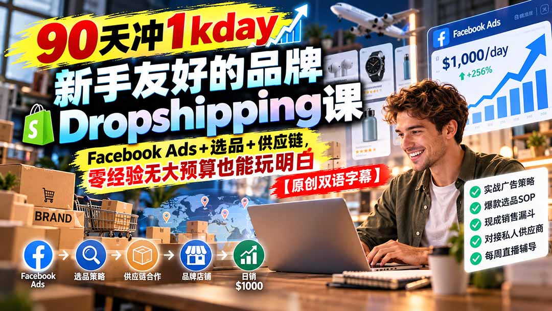 （20738期）90天冲1kday 新手友好的品牌Dropshipping课：Facebook Ads+选品+供应链，零经验无大预算也能玩明白【原创双语字幕】瀚萌资源网-网赚网-网赚项目网-虚拟资源网-国学资源网-易学资源网-本站有全网最新网赚项目-易学课程资源-中医课程资源的在线下载网站！瀚萌资源网