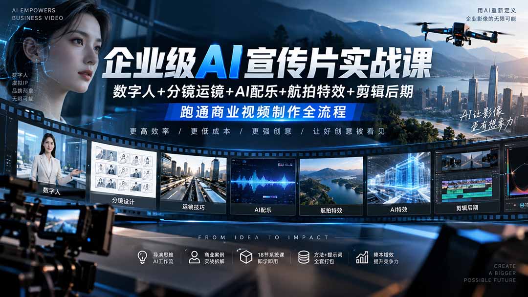 （20548期）企业级AI宣传片实战课｜数字人+分镜运镜+AI配乐+航拍特效+剪辑后期，跑通商业视频制作全流程瀚萌资源网-网赚网-网赚项目网-虚拟资源网-国学资源网-易学资源网-本站有全网最新网赚项目-易学课程资源-中医课程资源的在线下载网站！瀚萌资源网