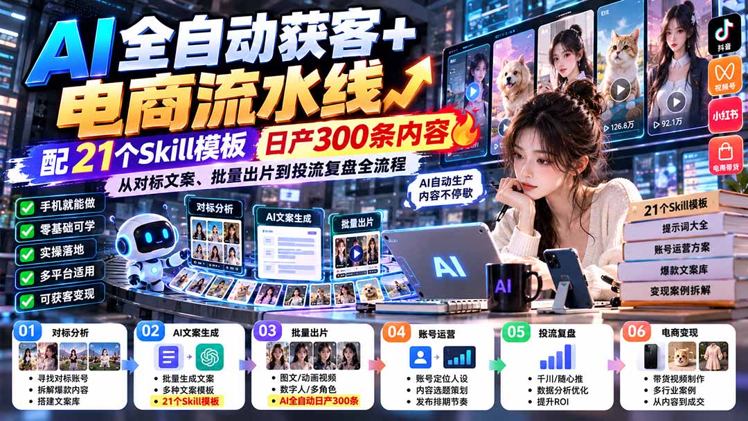 （20664期）AI全自动获客+电商流水线：配21个Skill模板，日产300条内容，从对标文案、批量出片到投流复盘全流程瀚萌资源网-网赚网-网赚项目网-虚拟资源网-国学资源网-易学资源网-本站有全网最新网赚项目-易学课程资源-中医课程资源的在线下载网站！瀚萌资源网