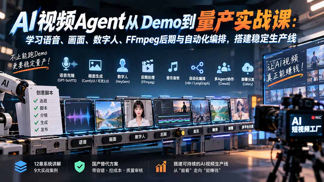（20451期）AI视频Agent从Demo到量产实战课：学习语音、画面、数字人、FFmpeg后期与自动化编排，搭建稳定生产线瀚萌资源网-网赚网-网赚项目网-虚拟资源网-国学资源网-易学资源网-本站有全网最新网赚项目-易学课程资源-中医课程资源的在线下载网站！瀚萌资源网