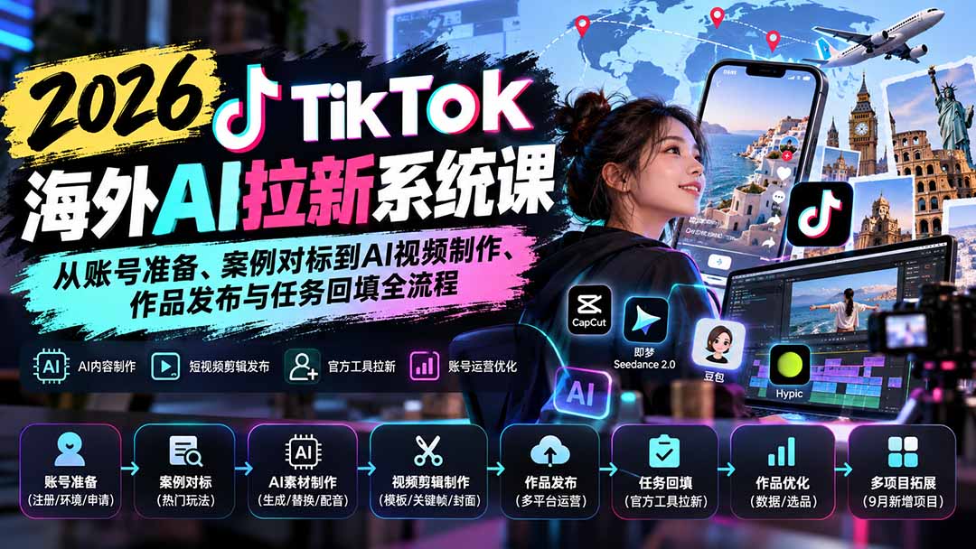 （20675期）【无水印】2026 TikTok海外AI拉新系统课：从账号准备、案例对标到AI视频制作、作品发布与任务回填全流程瀚萌资源网-网赚网-网赚项目网-虚拟资源网-国学资源网-易学资源网-本站有全网最新网赚项目-易学课程资源-中医课程资源的在线下载网站！瀚萌资源网