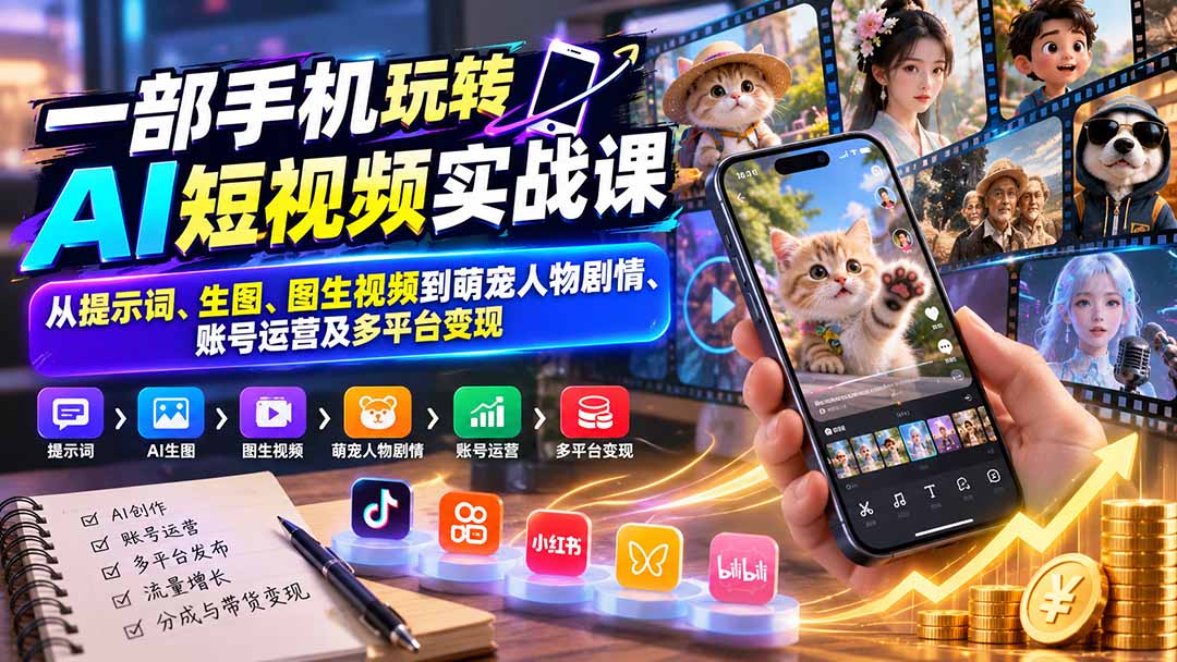 （20663期）一部手机玩转AI短视频实战课：从提示词、生图、图生视频到萌宠人物剧情、账号运营及多平台变现瀚萌资源网-网赚网-网赚项目网-虚拟资源网-国学资源网-易学资源网-本站有全网最新网赚项目-易学课程资源-中医课程资源的在线下载网站！瀚萌资源网