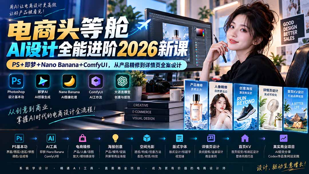 （20284期）电商头等舱AI设计全能进阶2026新课：PS+即梦+Nano Banana+ComfyUI，从产品精修到详情页全案设计瀚萌资源网-网赚网-网赚项目网-虚拟资源网-国学资源网-易学资源网-本站有全网最新网赚项目-易学课程资源-中医课程资源的在线下载网站！瀚萌资源网