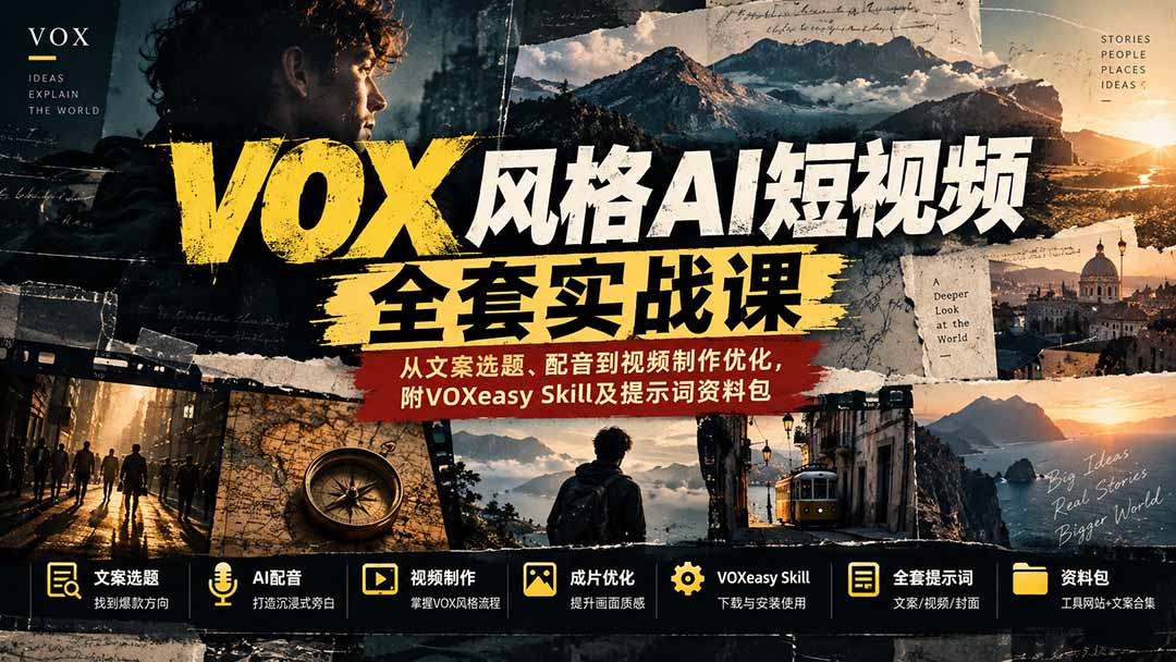 （20677期）【无水印】VOX风格AI短视频全套实战课：从文案选题、配音到视频制作优化，附VOXeasy Skill及提示词资料包瀚萌资源网-网赚网-网赚项目网-虚拟资源网-国学资源网-易学资源网-本站有全网最新网赚项目-易学课程资源-中医课程资源的在线下载网站！瀚萌资源网