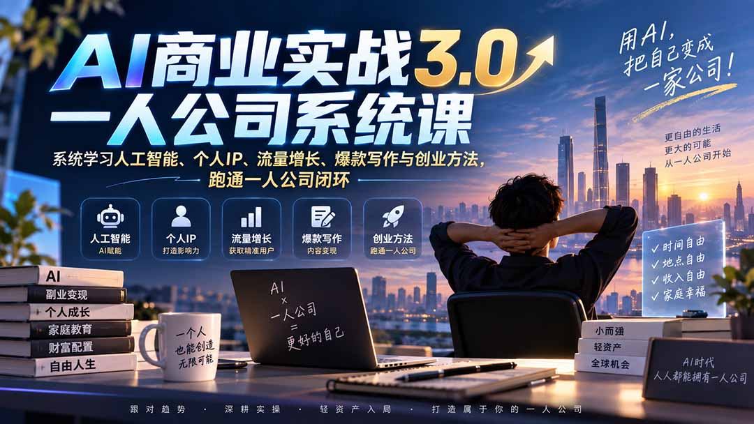 （20249期）AI商业实战3.0一人公司系统课：系统学习人工智能、个人IP、流量增长、爆款写作与创业方法，跑通一人公司闭环瀚萌资源网-网赚网-网赚项目网-虚拟资源网-国学资源网-易学资源网-本站有全网最新网赚项目-易学课程资源-中医课程资源的在线下载网站！瀚萌资源网