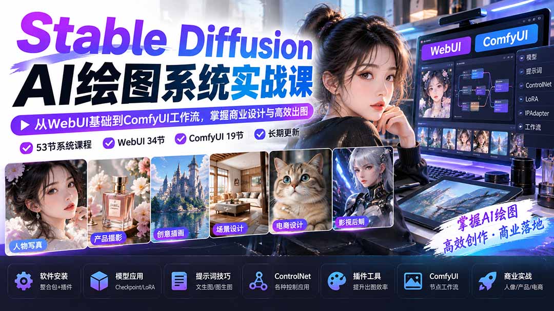 （20678期）Stable Diffusion AI绘图系统实战课：从WebUI基础到ComfyUI工作流，掌握商业设计与高效出图瀚萌资源网-网赚网-网赚项目网-虚拟资源网-国学资源网-易学资源网-本站有全网最新网赚项目-易学课程资源-中医课程资源的在线下载网站！瀚萌资源网