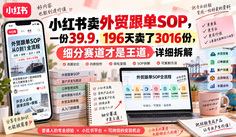 小红书卖外贸跟单sop，一份39.9，196天卖了3016份，细分赛道才是王道，详细拆解瀚萌资源网-网赚网-网赚项目网-虚拟资源网-国学资源网-易学资源网-本站有全网最新网赚项目-易学课程资源-中医课程资源的在线下载网站！瀚萌资源网