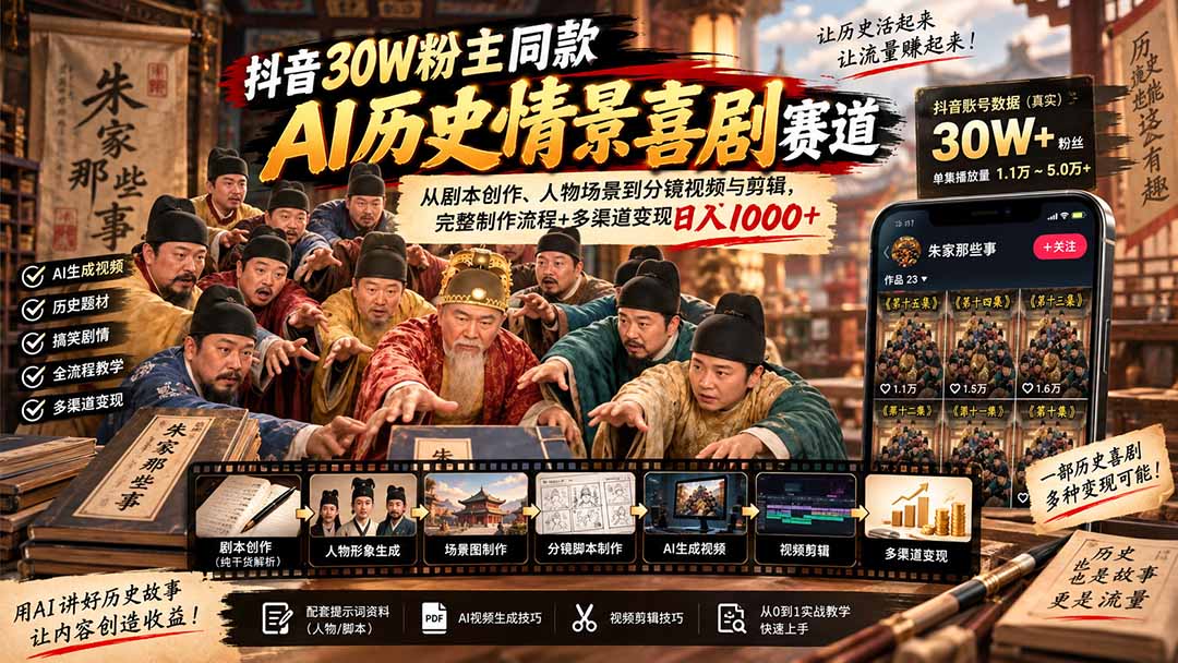 （20613期）抖音30W粉博主同款AI历史情景喜剧赛道：从剧本创作、人物场景到分镜视频与剪辑，完整制作流程+多渠道变现日入1000+瀚萌资源网-网赚网-网赚项目网-虚拟资源网-国学资源网-易学资源网-本站有全网最新网赚项目-易学课程资源-中医课程资源的在线下载网站！瀚萌资源网