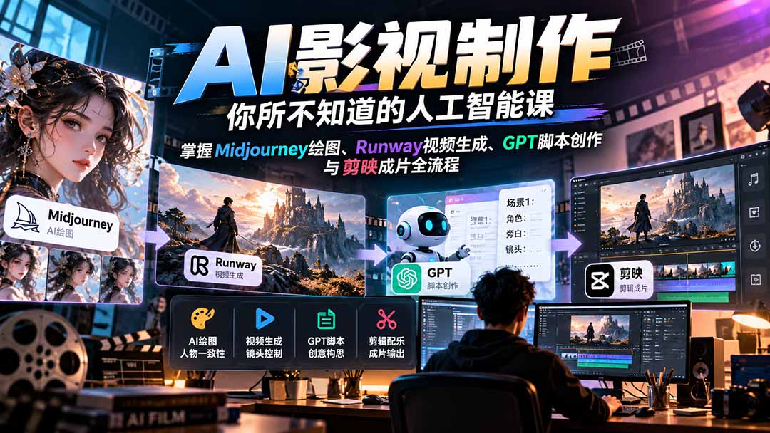 （20681期）AI影视制作-你所不知道的人工智能课，掌握Midjourney绘图、Runway视频生成、GPT脚本创作与剪映成片全流程瀚萌资源网-网赚网-网赚项目网-虚拟资源网-国学资源网-易学资源网-本站有全网最新网赚项目-易学课程资源-中医课程资源的在线下载网站！瀚萌资源网