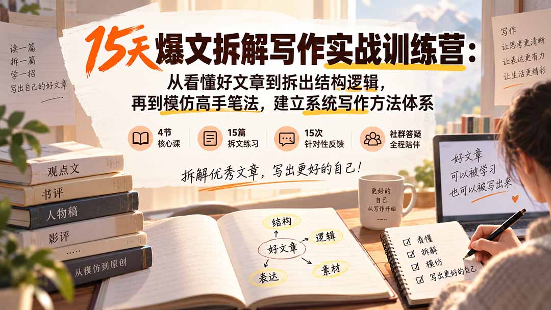 （20271期）15天爆文拆解写作实战训练营：从看懂好文章到拆出结构逻辑，再到模仿高手笔法，建立系统写作方法体系瀚萌资源网-网赚网-网赚项目网-虚拟资源网-国学资源网-易学资源网-本站有全网最新网赚项目-易学课程资源-中医课程资源的在线下载网站！瀚萌资源网