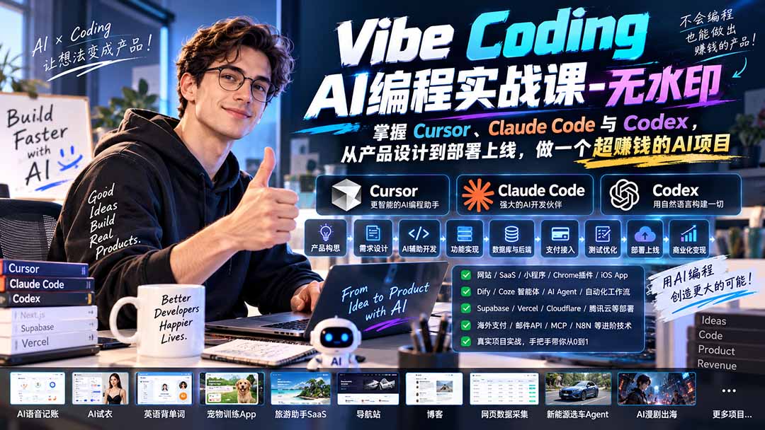 （20431期）Vibe Coding AI编程实战课-无水印：掌握Cursor、Claude Code与Codex，从产品设计到部署上线，做一个超赚钱的AI项目瀚萌资源网-网赚网-网赚项目网-虚拟资源网-国学资源网-易学资源网-本站有全网最新网赚项目-易学课程资源-中医课程资源的在线下载网站！瀚萌资源网